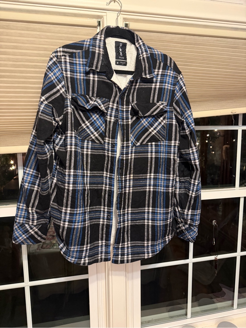 Billabong Black, Blue and White Plaid Flannel Shirt Jacket